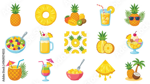 A vibrant collection of pineapple-themed illustrations, showcasing whole fruits, slices, drinks, desserts, and tropical scenes.