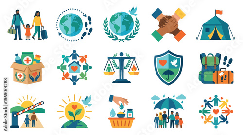Collection of icons representing humanitarian aid, refugees, global cooperation, and social support services.