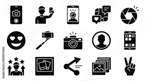 Collection of black and white icons representing photography, social media, and self-expression through images and technology.