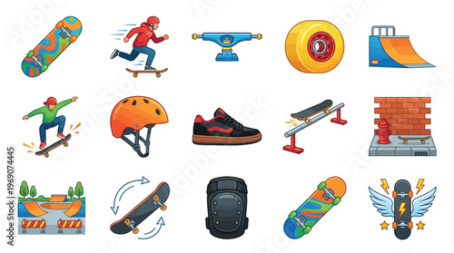 A vibrant collection of skateboarding elements, including skateboards, protective gear, ramps, and street obstacles, illustrating the dynamic culture of skateboarding.