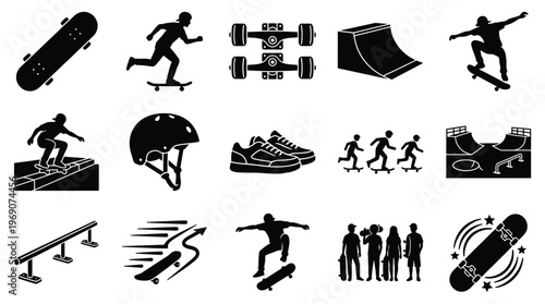 A collection of black and white silhouette icons representing various aspects of skateboarding, including skateboards, ramps, skaters in action, protective gear, and skate parks.