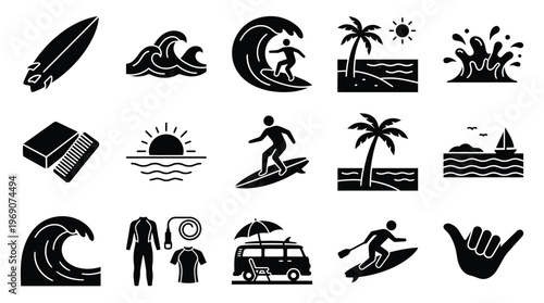 A collection of black and white vector icons representing various aspects of surfing and beach life, including surfboards, waves, surfers, palm trees, and beach accessories.