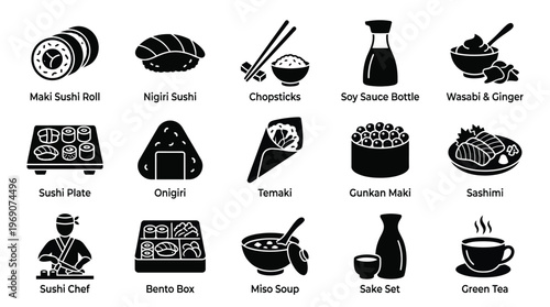 A collection of Japanese food and dining icons, including sushi, sashimi, soup, and sake.