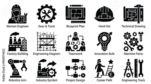 Collection of engineering and industry-related icons, including a woman engineer, gears, blueprints, hard hat, factory, robot arm, and career path.