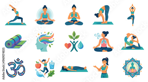 Collection of yoga poses and wellness icons, including meditation, breathing exercises, and healthy lifestyle symbols.