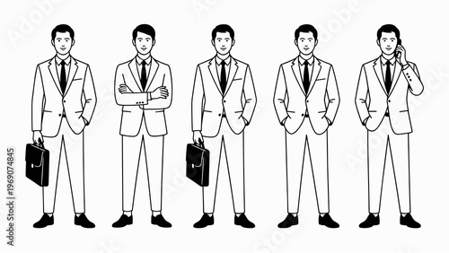 Collection of fashionable businessmen in different poses wearing modern suits flat line art minimal vector illustration isolated on white