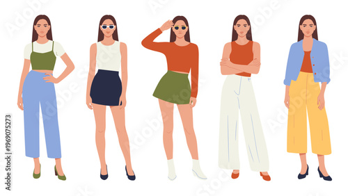 Minimal line art vector illustration of young woman fashion model in side pose wearing modern stylish outfit isolated on white background clean contemporary design