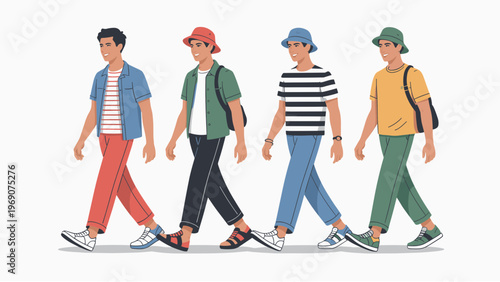 Minimal flat line art vector illustration of a man wearing light shirt and beige pants standing relaxed in bright summer scene isolated on white background