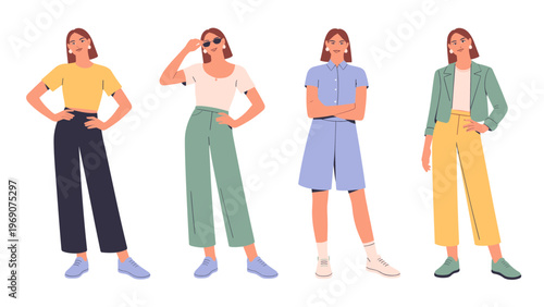 Minimal line art vector illustration of young woman fashion model in side pose wearing modern stylish outfit isolated on white background clean contemporary design