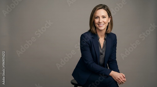 Professional business woman in navy blue blazer sitting for corporate headshot portrait on grey background with friendly expression showing confidence leadership 
