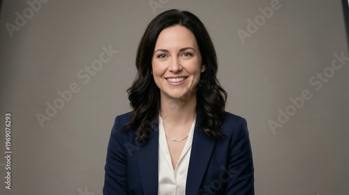 Middle aged businesswoman with dark wavy hair wearing navy blue jacket and white top smiling warmly for professional studio headshot on gray background representing corporate identity and excellence.