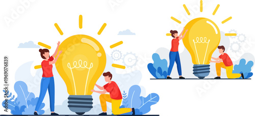 Creative business idea vector illustration, team working on giant glowing light bulb, innovation and brainstorming concept for startup marketing