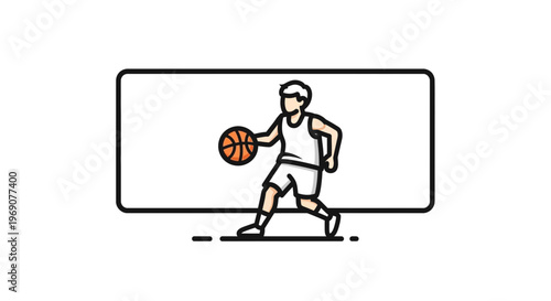 Dynamic outline illustration of a male basketball player actively dribbling the ball on a simple