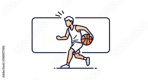 Dynamic flat vector illustration of an energetic basketball player in motion dribbling