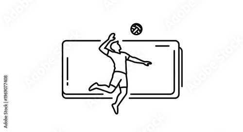 Dynamic line art illustration of a male volleyball player executing an overhead spike jump shot