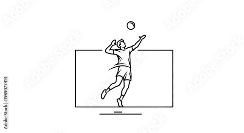 Dynamic monochrome illustration of a male athlete executing a powerful volleyball spike over a