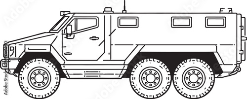 Wheeled Armored Vehicle Multi Axle Military Transport Line Art Vector Illustration