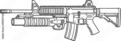 Under barrel grenade launcher attached to rifle black and white vector line art illustration
