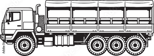 Troop Transport Truck Vector Line Art Side View Black White Illustration