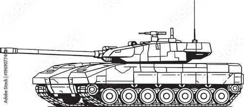 Tracked assault tank vector line art aggressive armored military vehicle side view
