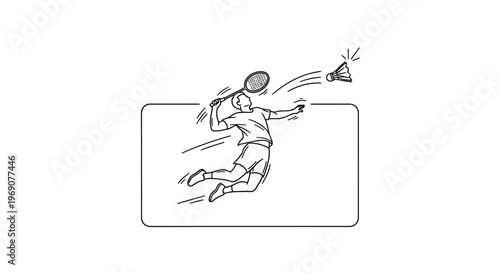 Dynamic badminton player executing a powerful smash shot illustration in a minimalist line art style