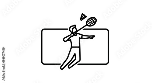 Dynamic line art icon of a person engaging in a thrilling badminton match, celebrating active