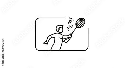 Line art depiction of a person actively engaged in a badminton game hitting a shuttlecock