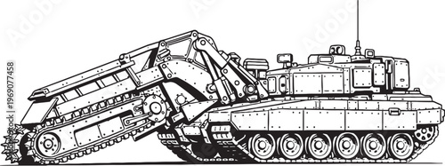 Trench Digging Vehicle Military Engineering Excavation Line Art Vector Illustration