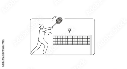 Minimalist line art illustration of a person playing badminton, capturing active sport and dynamic