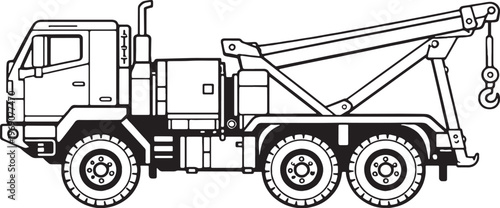 Tow Military Vehicle Vector Line Art Side View Black White Illustration
