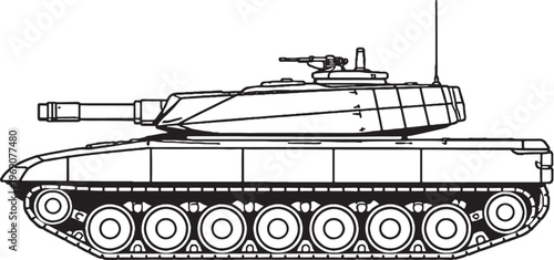 Tank with short barrel vector line art compact armored military vehicle side view