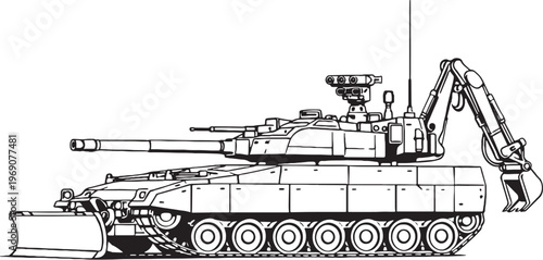 Support tank vector line art military utility armored vehicle side view isolated