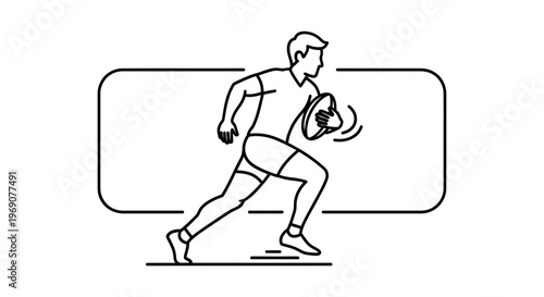 Dynamic line art illustration of a male rugby player swiftly running with the ball in an action