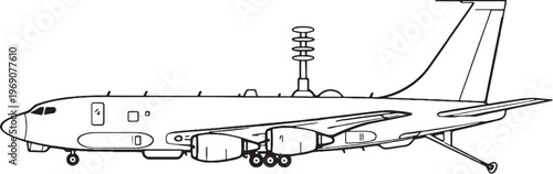 Reconnaissance Aircraft Military Surveillance Plane Line Art Vector Illustration Side View