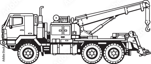 Recovery Vehicle Tow Truck Vector Line Art Side View Black White Illustration