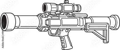 Portable missile launcher military weapon black and white vector line art illustration isolated