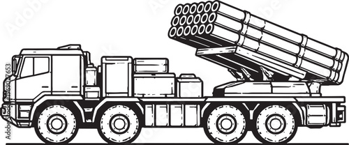 Rocket Artillery Vehicle Black White Vector Line Art Multiple Launch Rocket Truck Side View