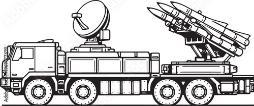 Radar Missile Vehicle Black White Vector Line Art Military Launcher Truck Side View