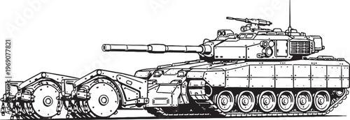 Mine Roller Tank Armored Mine Clearing Military Vehicle Line Art Vector Illustration