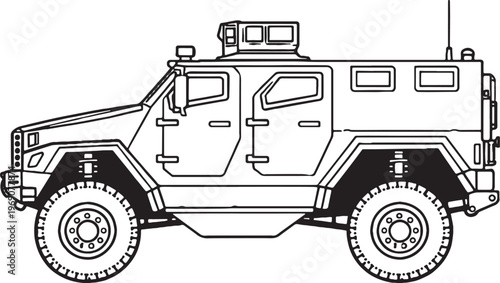 Mine Resistant Vehicle MRAP Armored Military Truck Line Art Vector Illustration
