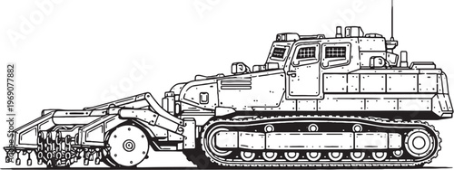 Mine Clearing Vehicle Armored Demining Engineering Line Art Vector Illustration