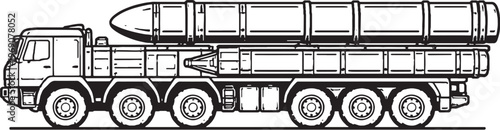 Ballistic Missile Carrier Vehicle Black White Vector Line Art Military Truck Side View
