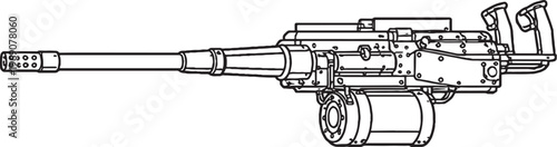 Automatic cannon heavy military weapon black and white vector line art illustration isolated