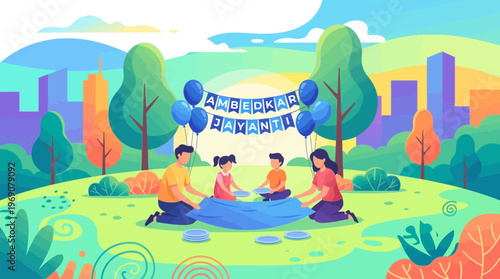Family Picnic Celebration for Ambedkar Jayanti Vector Illustration