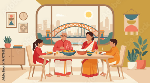Indian Family Enjoying Traditional Dinner with City View