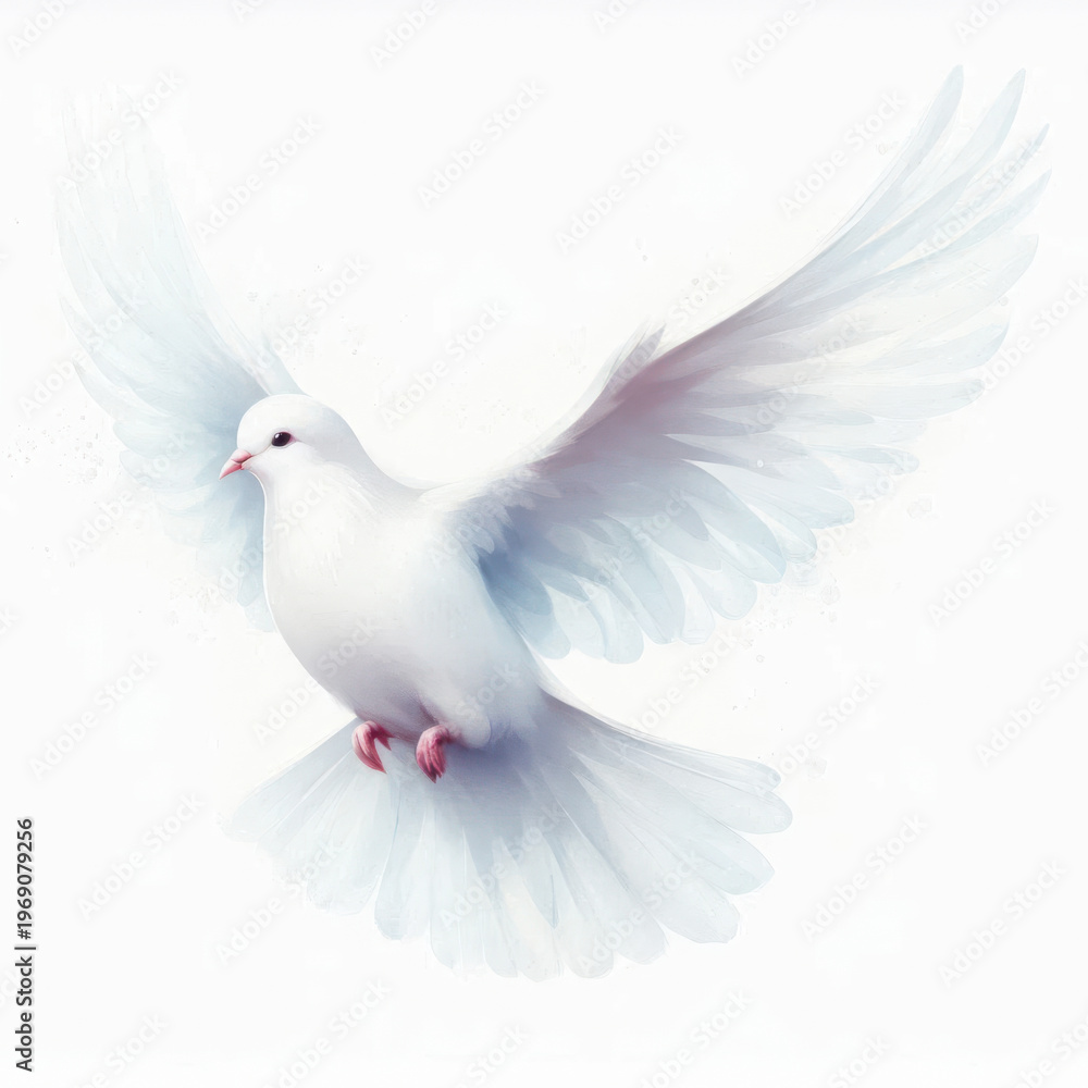 Fototapeta premium A white dove with pink beak and feet is flying with wings spread wide, showcasing its pure white feathers and soft pink accents on its legs.