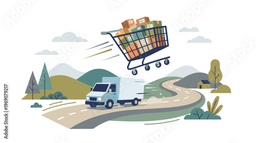 Fast Delivery Concept with Truck and Flying Shopping Cart Illustration