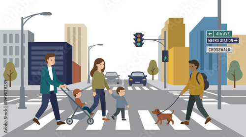 Pedestrians and Family Crossing City Street at Crosswalk Illustration