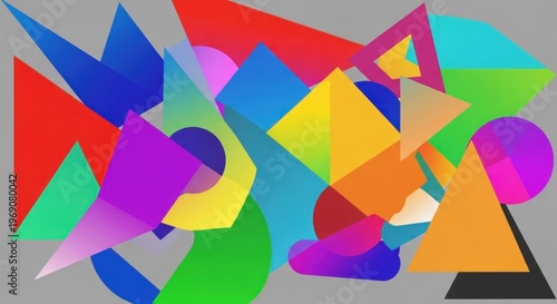 A colorful abstract composition featuring geometric shapes and vibrant colors on a gray background.