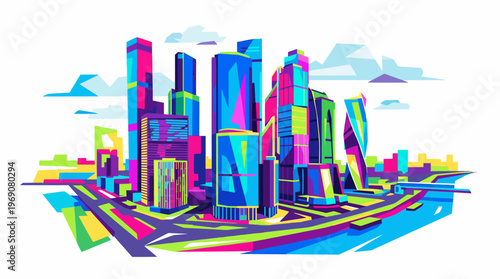 Modern city skyline with colorful skyscrapers in geometric WPAP pop art style